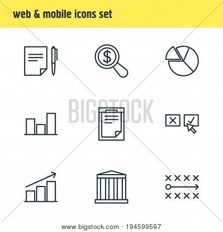 Vector Illustration Of 9 Trade Icons. Editable Pack Of Agreement, Building, Recision And Other Elements.