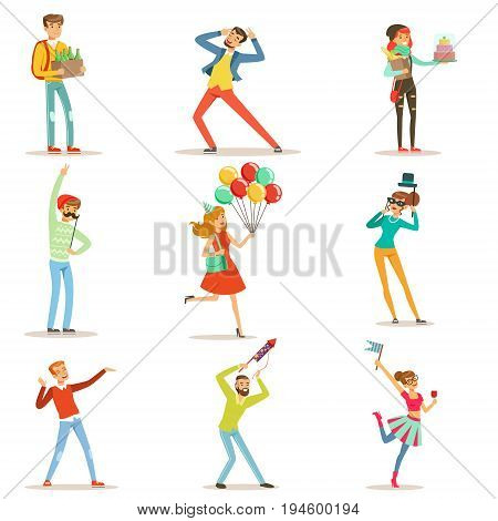 Happy people celebrating, giving gifts and having fun at a birthday party set of colorful characters vector Illustrations isolated on white background