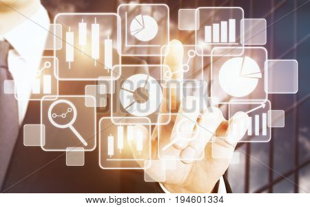 Businessman's hand pressing pointing at abstract digital business projection on glass background. Technology touchscreen and infograph concept. 3D Rendering