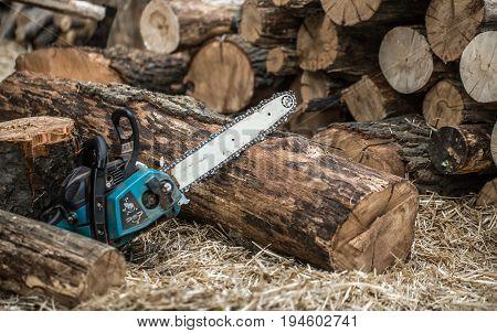 Man Chopping Wood With A Chainsaw