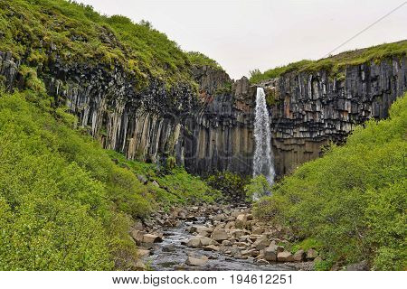 Famous Icelandic Svartifoss waterfall in the basalt (whinstone) canyon placed in Vatnajökull National Park in the eastern Iceland