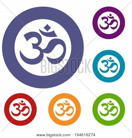 Symbol Aum icons set in flat circle reb, blue and green color for web