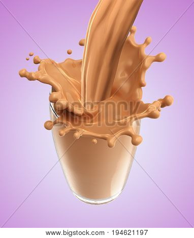 Splash of chocolate milk from the glass .Pink background. 3d rendering