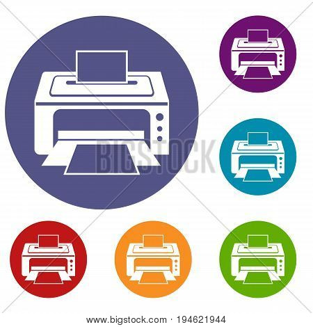 Printer icons set in flat circle reb, blue and green color for web