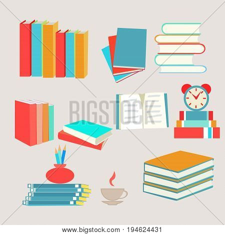 studying vector books set icon in flat design style collection Books icons set. Dictionary and literature textbook for school vector icons for web