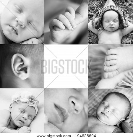 square collage of eight black and white macrophotographs of a sleeping newborn baby