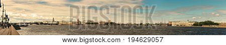 St. Petersburg, Russia - June 28, 2017: Panoramic View Of The Neva River Embankment In St. Petersbur