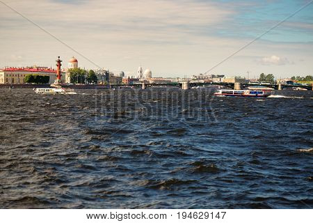St. Petersburg, Russia - June 28, 2017: Panoramic View Of The Neva River Embankment In St. Petersbur