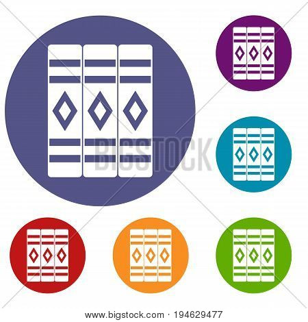 Three literary books icons set in flat circle reb, blue and green color for web