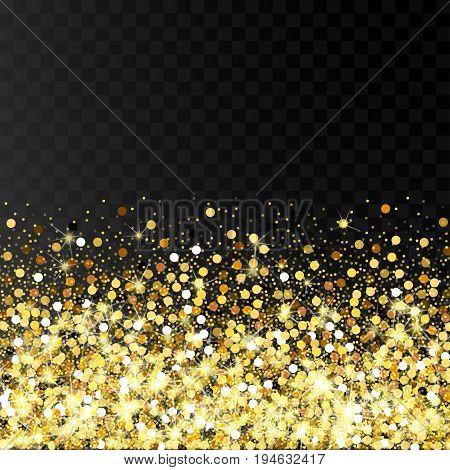 Falling golden particles on a black background. Scattered golden confetti. Bright shining gold. Rich luxury fashion glitter backdrop. Gold round dots.