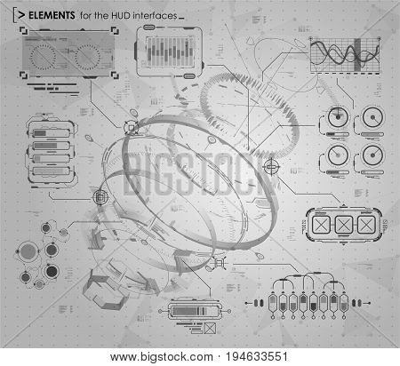 black and white infographic elements. HUD UI for business app. Futuristic user interface. Abstract virtual graphic touch user interface. UI hud infographic interface screen monitor set web