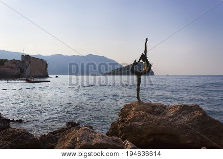 BUDVA MONTENEGRO - JUNE 26 2017: Dancer from Budva - sculpture of Gradimir Alexic - practically a visiting card of the Budva