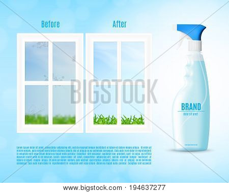 Bottle of the liquid for washing window. Window cleaning concept. 3d illustration. EPS10 vector