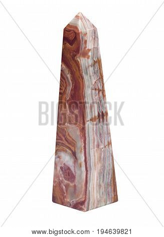 Polished multicolor carved onyx obelisk isolated on white background