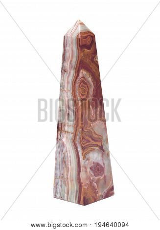 Polished multicolor carved onyx obelisk isolated on white background