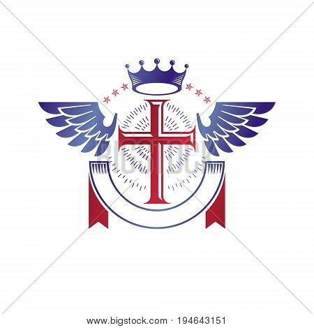 Winged Christian Cross emblem composed with royal crown and luxury ribbon. Heraldic Coat of Arms decorative logo isolated vector illustration. Religion and spirituality theme symbol.