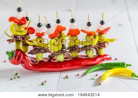 Banderillas With Peppers, Olives And Anchovies For Spanish Corrida