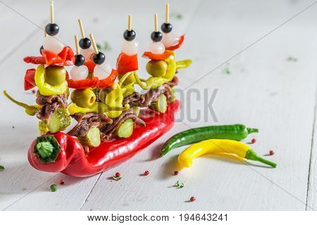 Closeup Of Banderillas With Peppers, Olives And Anchovies