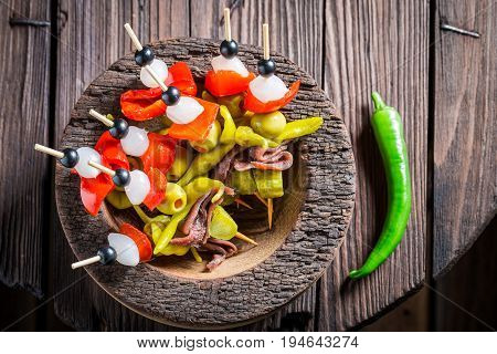 Homemade Banderillas With Fresh Ingredients For Spanish Corrida