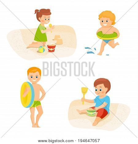 Set of cartoon children on the beach. Boy and girl are playing in the sand. The boy with the inflatable circle is running.Isolated on white backgriond.Cartoon style.Vector illustration.