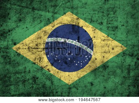 Brazil flag with high detail of old dirty crumpled paper . 3D illustration .
