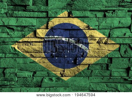 Brazil flag painting on high detail of old brick wall . 3D illustration .