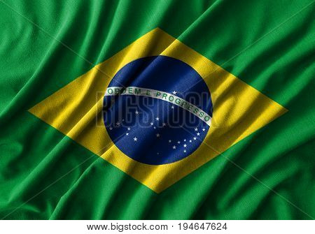Brazil flag painting on high detail of wave cotton fabrics . 3D illustration .