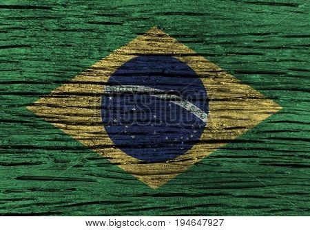 Brazil flag with high detail of old wooden background . 3D illustration .