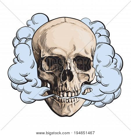 Smoke coming out of fleshless skull, death, mortal habit concept, sketch style vector illustration isolated on white background. Hand drawn smoking skull emitting clouds of smoke
