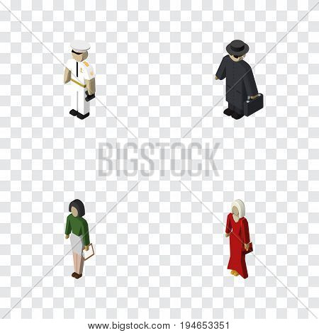 Isometric Person Set Of Detective, Pedagogue, Seaman And Other Vector Objects. Also Includes Girl, Police, Educator Elements.