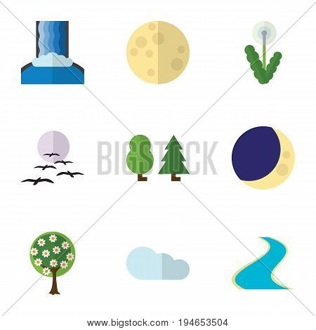Flat Icon Bio Set Of Overcast, Half Moon, Tributary And Other Vector Objects. Also Includes Bird, Crescent, Tree Elements.