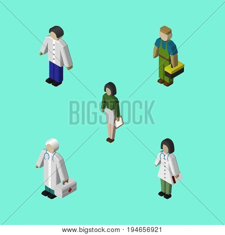 Isometric Person Set Of Pedagogue, Medic, Male And Other Vector Objects. Also Includes Nurse, Hospital, Male Elements.