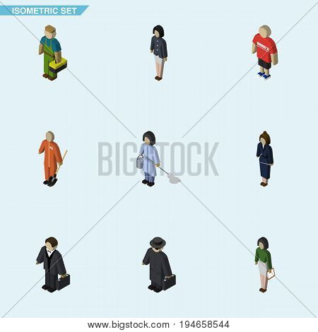 Isometric People Set Of Investor, Guy, Detective And Other Vector Objects. Also Includes Woman, Housekeeper, Girl Elements.