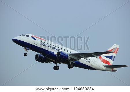 Amsterdam the Netherlands - July 6th 2017: G-LCYD BA CityFlyer Embraer ERJ-170STD takeoff from Polderbaan runway Amsterdam Schiphol Airport