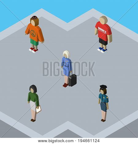 Isometric Human Set Of Pedagogue, Hostess, Policewoman And Other Vector Objects. Also Includes Woman, Hostess, Man Elements.