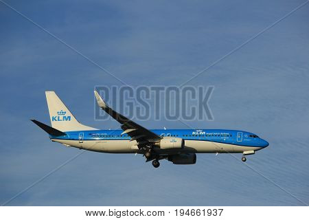 Amsterdam the Netherlands - July 7th 2017: PH-HSD KLM Royal Dutch Airlines Boeing 737-800 approaching Schiphol Amsterdam Airport Polderbaan runway