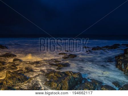 Nightshot Of The Waves And Rocks At The Indian Ocean At The Wild Coast