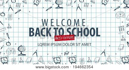 Welcome Back To School Banner With Different School Objects. School Sale Banners And Best Offers.