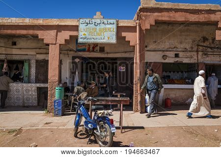 Telouet Morocco - April 14 2016: People in front of shops in the village of Telouet in the High Atlas Region of Morocco