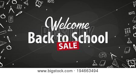 Welcome Back To School Banner With Different School Objects. School Sale Banners And Best Offers.
