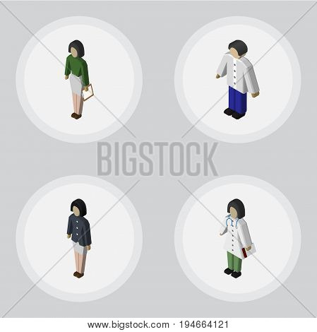 Isometric Human Set Of Girl, Pedagogue, Male And Other Vector Objects. Also Includes Doctor, Nurse, Boy Elements.