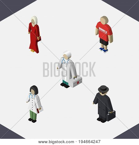Isometric People Set Of Doctor, Guy, Medic And Other Vector Objects. Also Includes Boy, Hospital, Agent Elements.