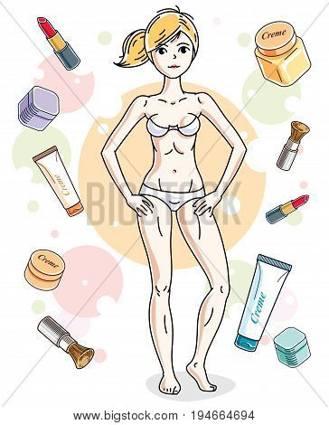 Beautiful blonde woman adult wearing white bra and panties and standing on background with cosmetic accessories. Vector attractive female illustration. Glamour lifestyle theme cartoon.