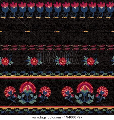 Seamless ethnic floral pattern red on black background