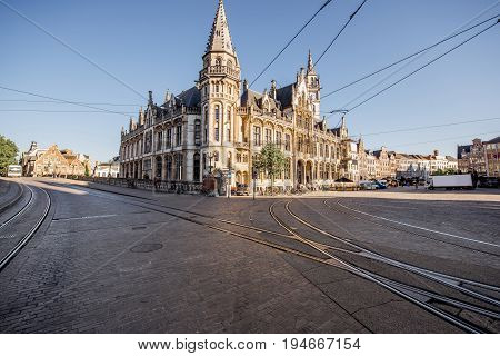 Stret view on the Post office building during the morning in Gent city, Belgium