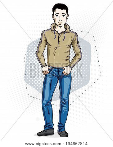 Confident handsome brunet young man standing. Vector illustration of male wearing casual clothes jeans pants and pullover.