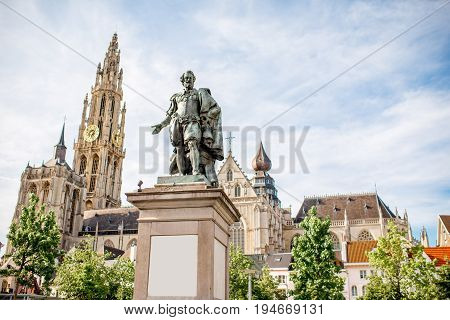 View on the Rubens statue and church in Antwerpen city, Belgium
