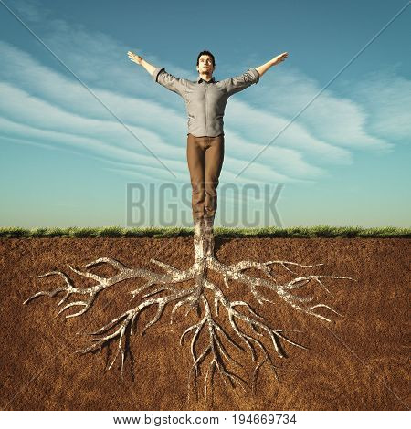 Image of a man that has taken root in the ground. This is a 3d render illustration