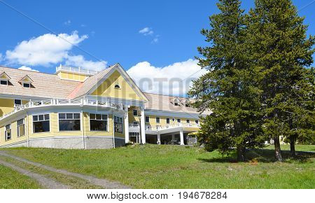 YELLOWSTONE NATIONAL PARK, WYOMING - JUNE 25, 21017: The Lake Hotel. The oldest and finest accommodation in the park is celebrating its 125th anniversary.