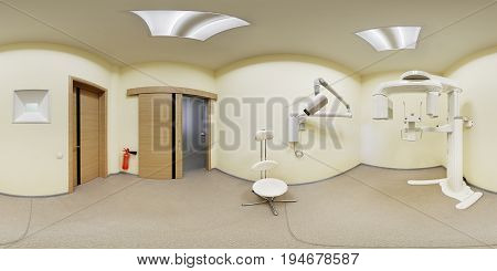 360 lense degrees equidistant panorama view of dental X-rays equipment modern interior european dental clinic spherical projection inside dental office beige white colour dentist chair